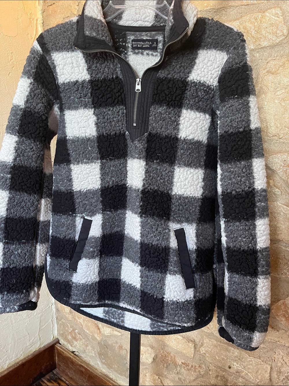 Abercrombie & Fitch Black, Gray & White Check Zip Sherpa Pullover